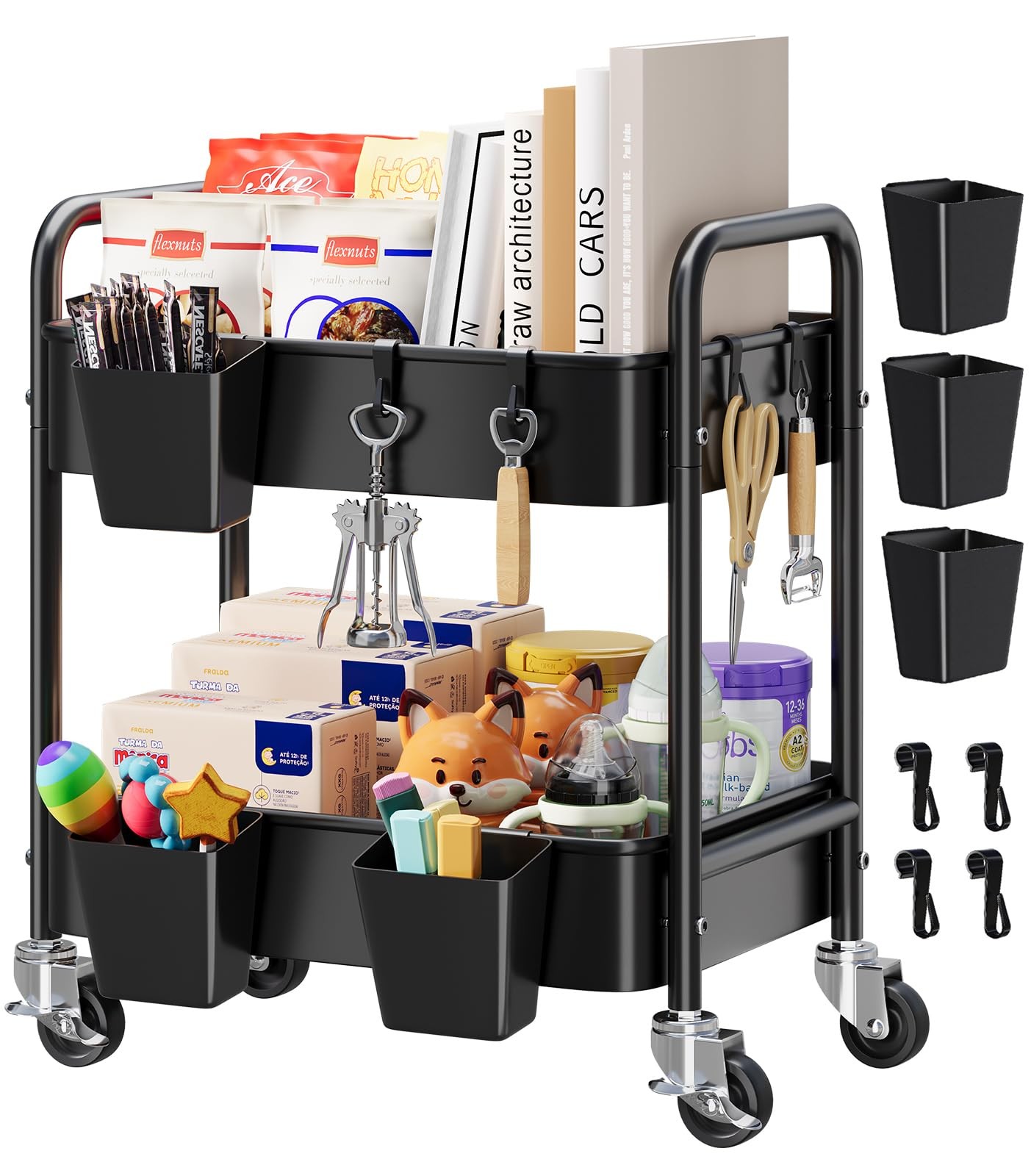 2 Tier Small Rolling Metal Cart with Wheels, Black Under Desk Storage Cart on...