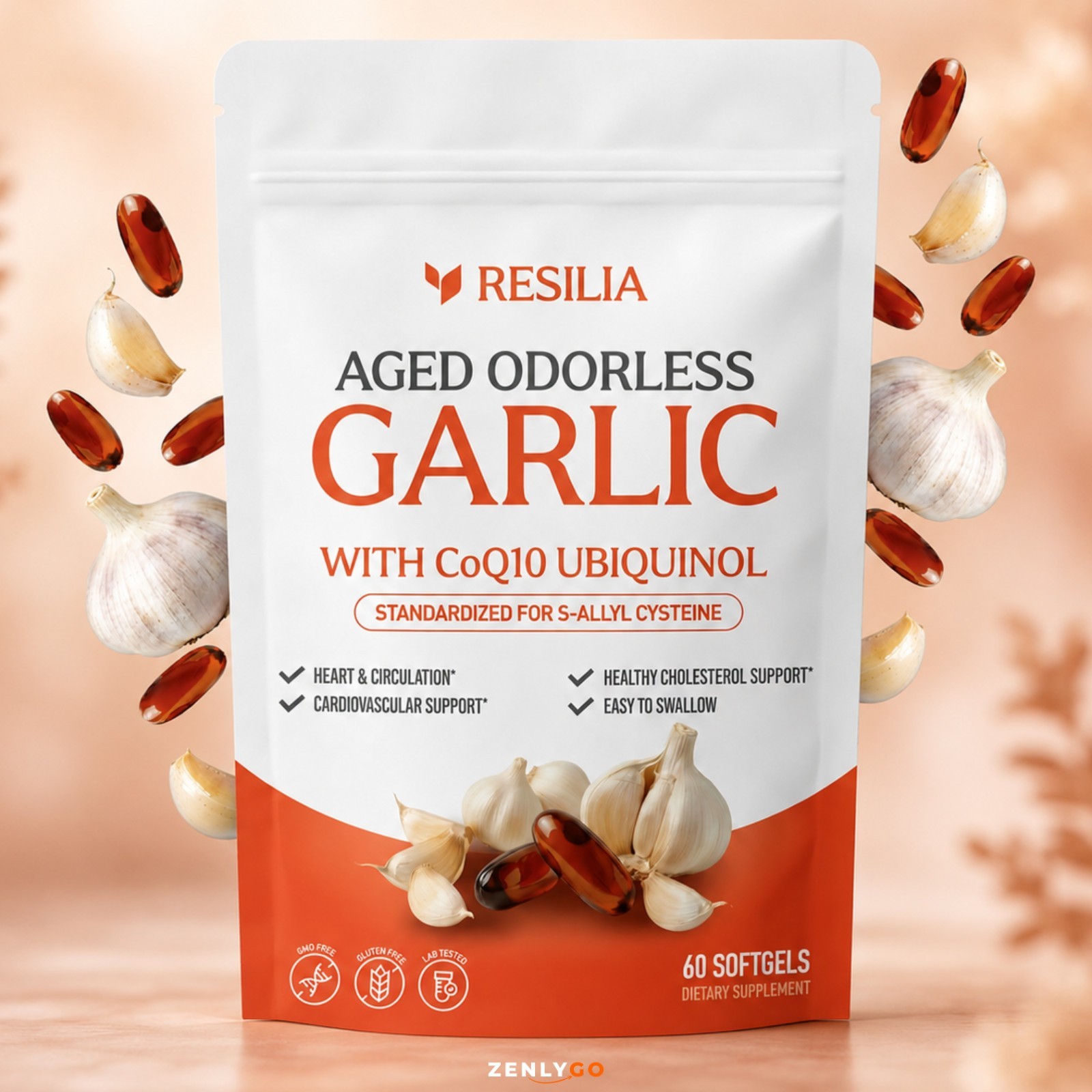 Resilia Garlic Extract 1200mg 60 Count Softgels – Odorless Aged Garlic Extra..
