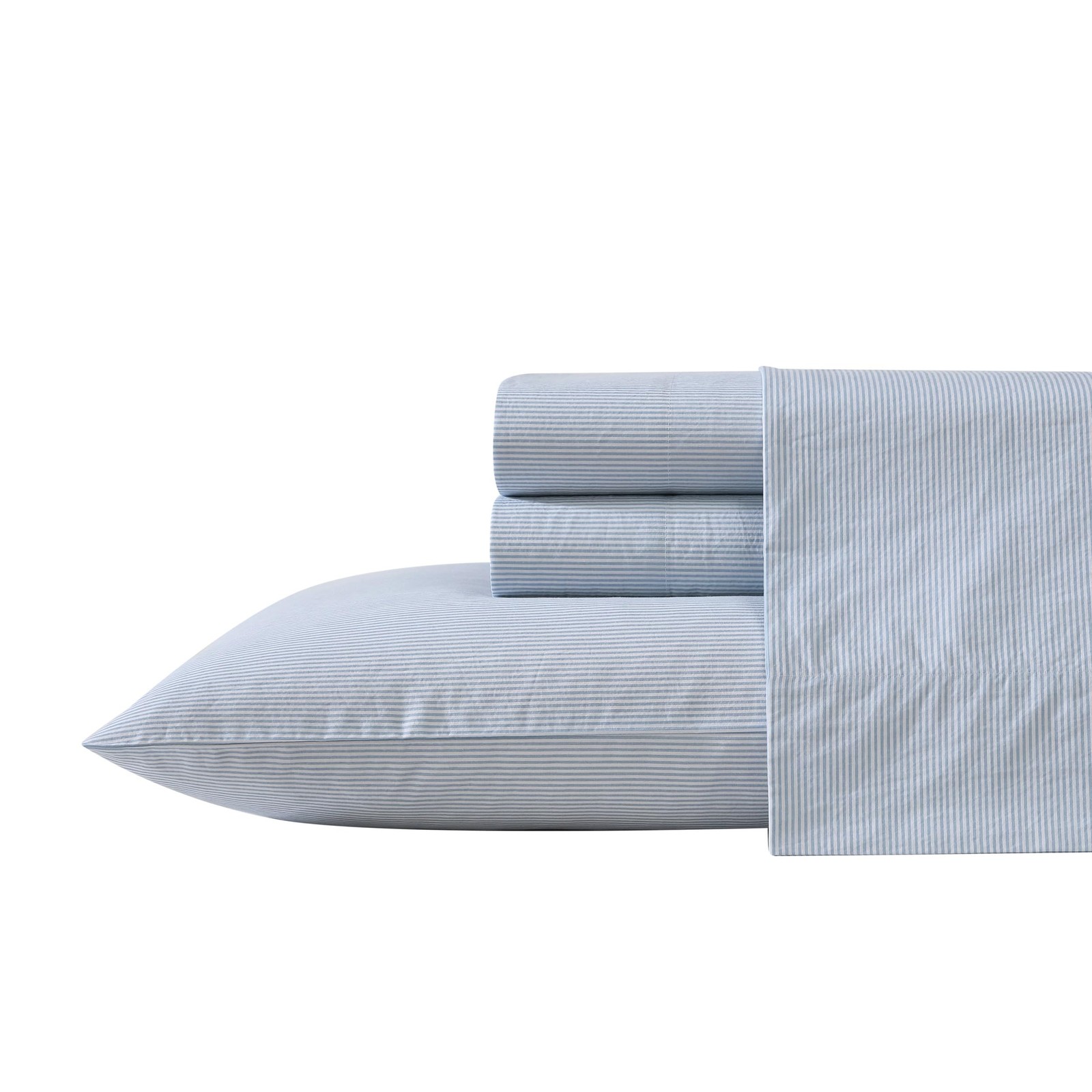 Blue Penny Pinstripe Cotton Bed Linen Set Full Size 100 Percale Breathable