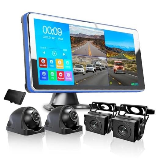 4K Backup Camera 4CH Dash Cam with 10.36" Quad Split Touch Screen & 4 AHD