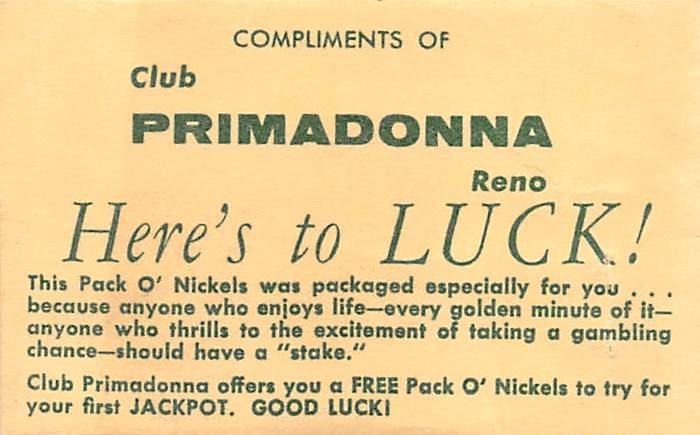 Club Primadonna Reno, NV - Paper Envelope for Pack O'Nickels