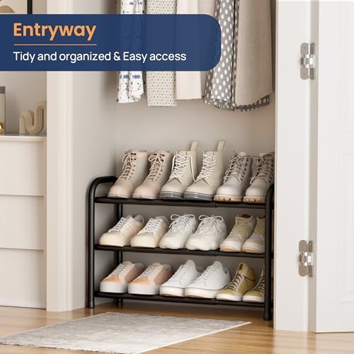 Expandable Shoe Rack Adjustable Shoe Organizer Shelf for Closet, Black 3 Tier