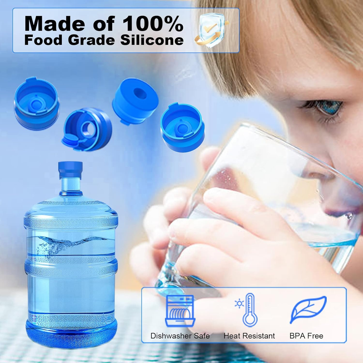 3 & 5 Gallon Water Jug Cap, 3 Pack Reusable Food Grade Silicone Replacement Cap