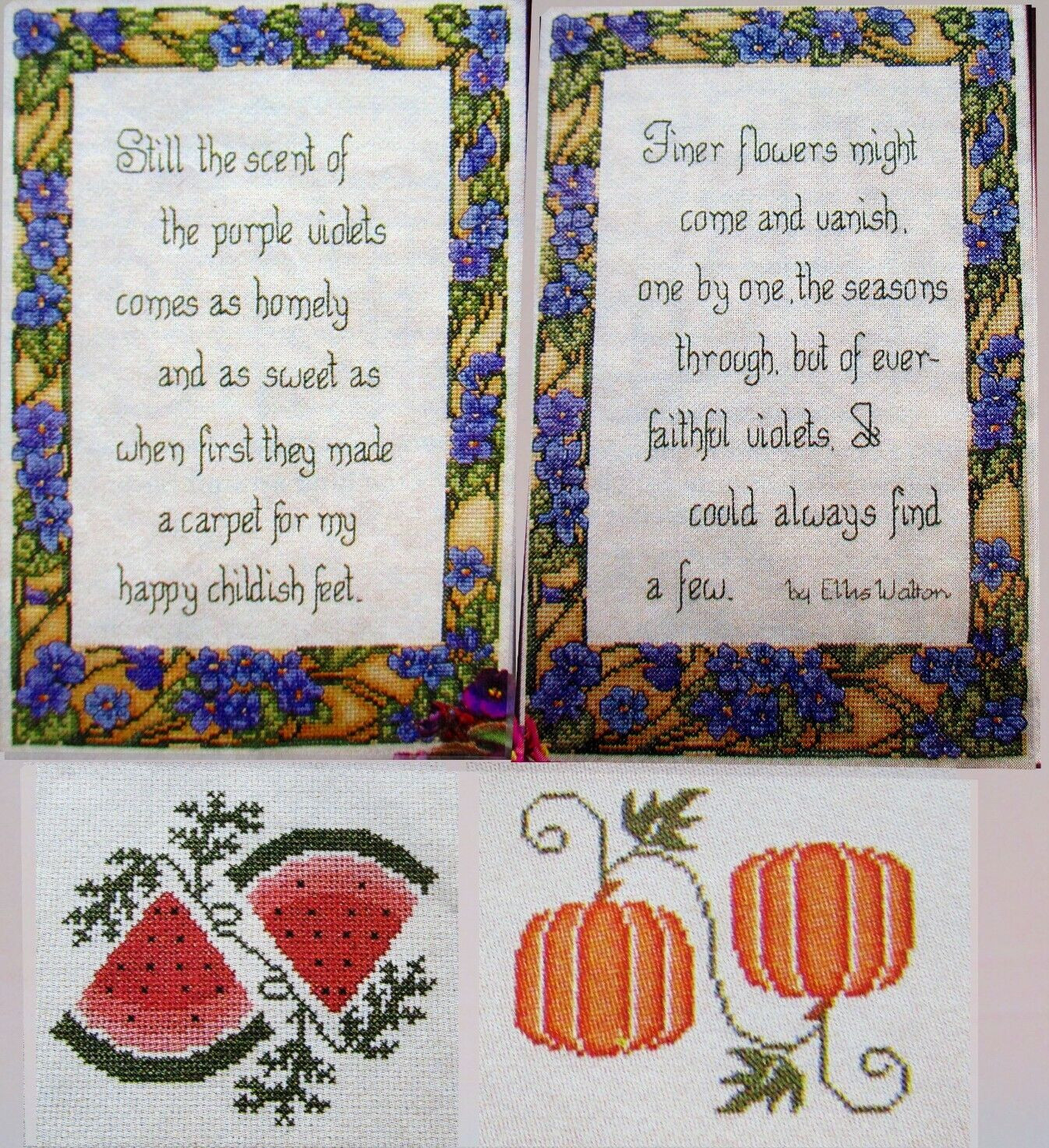 Purple Violets Praises in Verse Border Watermelon Pumpkin CROSS STITCH PATTERNS