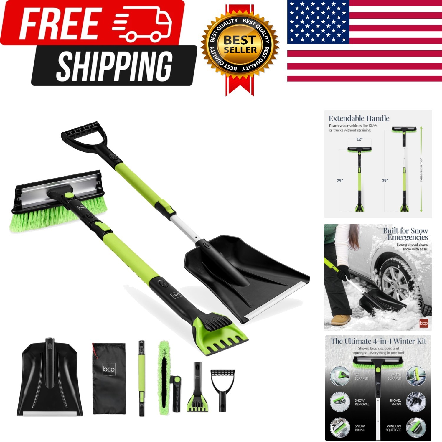 4 in 1 Snow Brush with Shovel, Squeegee & Ice Scraper, Up to 39" Extendable F...