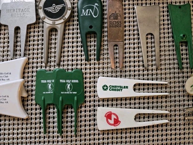 Lot Of 50+ Vintage Golf Ball Markers, Divot Tools, And Spike Tools.