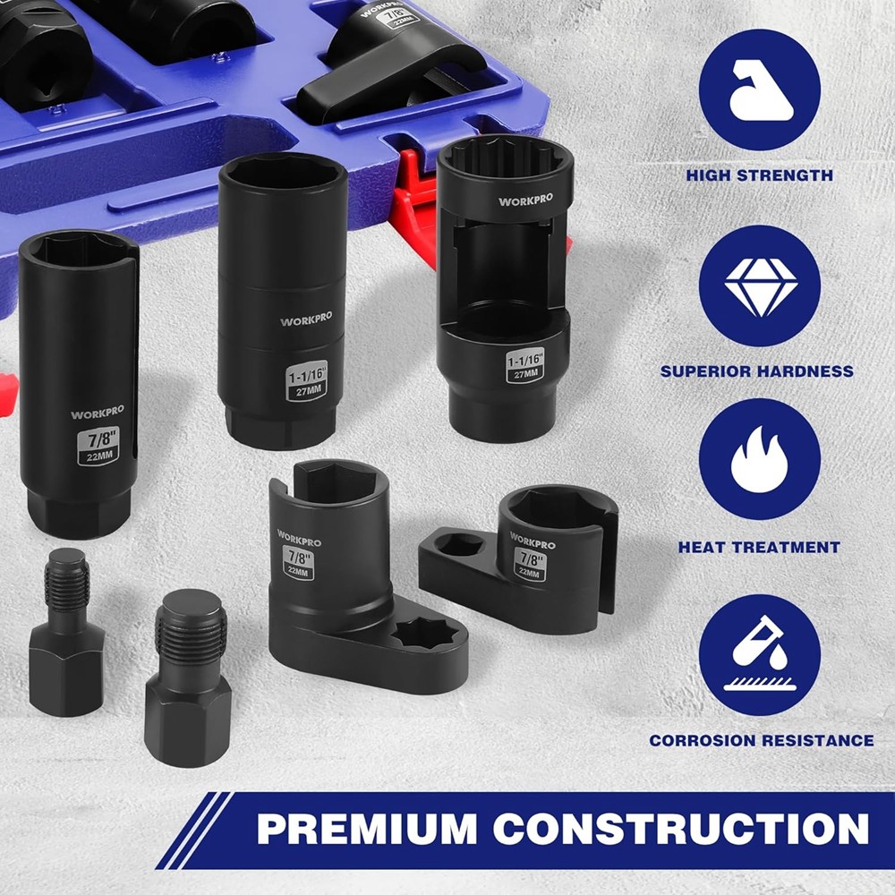 WORKPRO 7PC O2 Oxygen Sensor Socket Automotive Removal Tool Wrench Thread Chaser