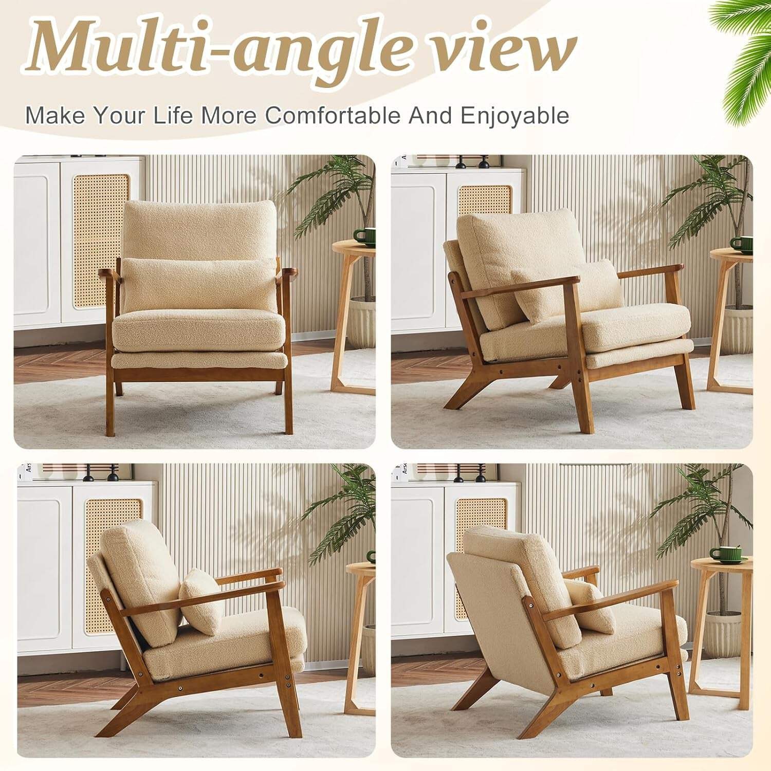 Solid Wood Armchair Khaki Teddy Velvet Upholstery With Pillow