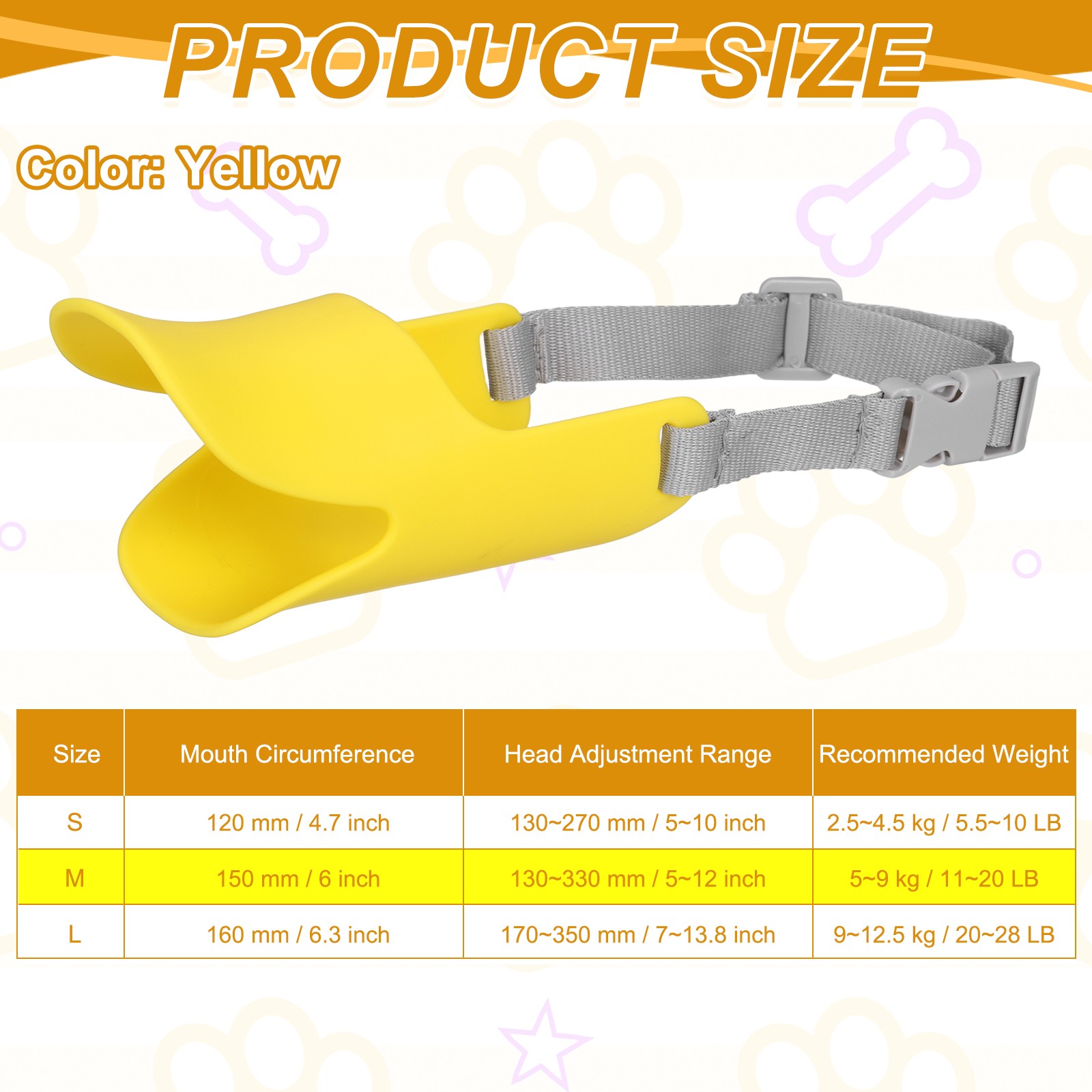 Silicone Dog Muzzle, Soft Silicone Mouth Cover with Adjustable Strap (Yellow, M)