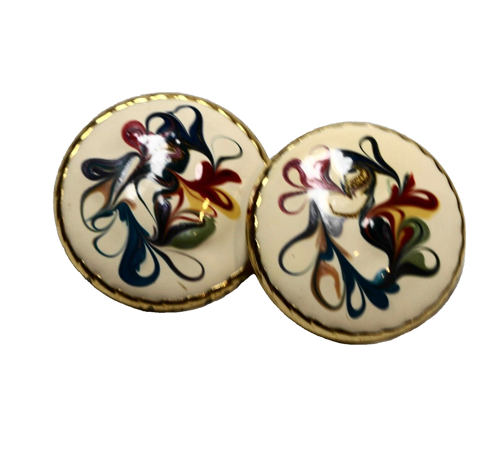 Cream Multicolor Abstract Swirl Clip Earrings