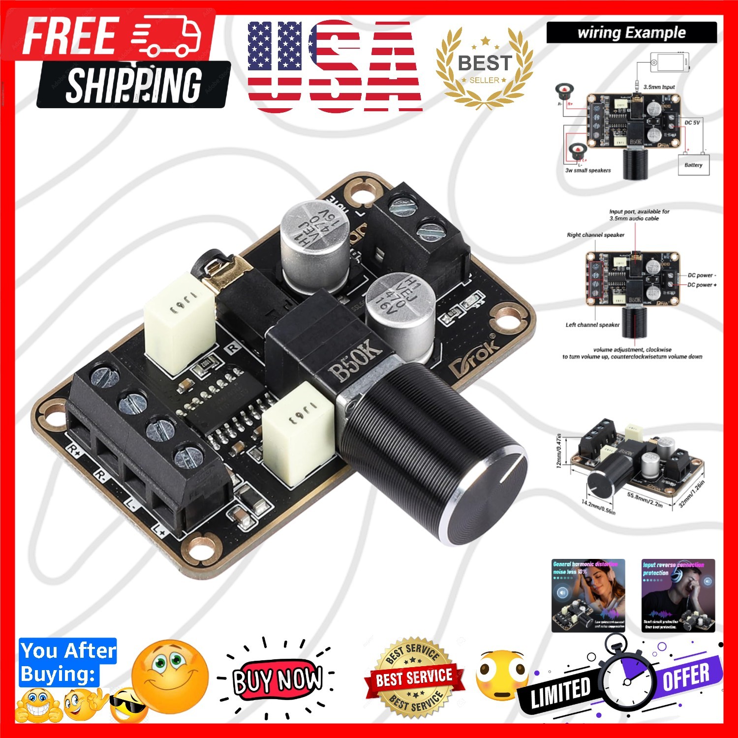 5W+5W Mini Audio Amplifier Board DC 5V Digital Stereo Power Amp 2.0 Dual Chan...