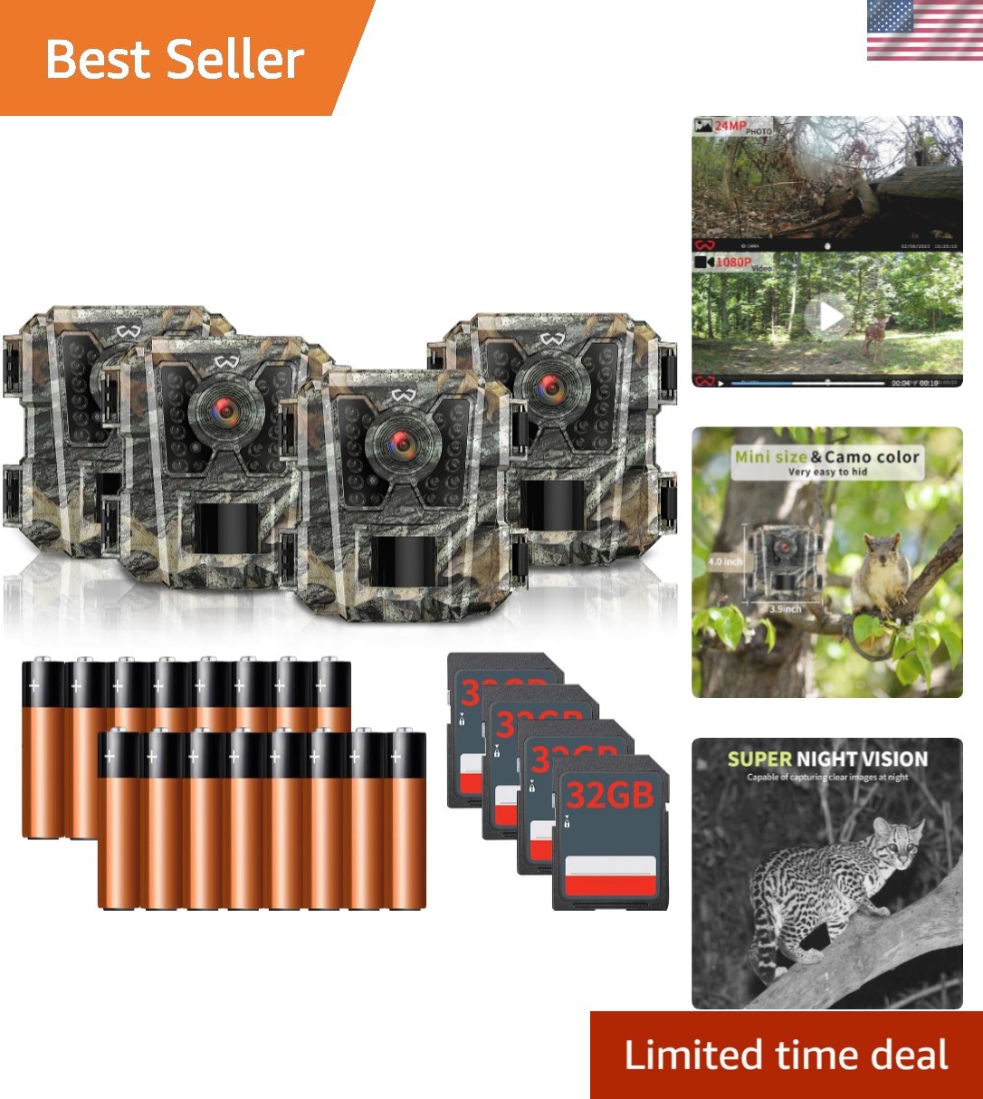 4 Pack Mini Trail Camera 24MP 1080P HD - Waterproof Game Cam with Night Vision