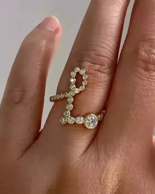 2Ct Round Cut Lab Created Diamond Initial "L" Letter Ring 14K Yellow Gold Plated