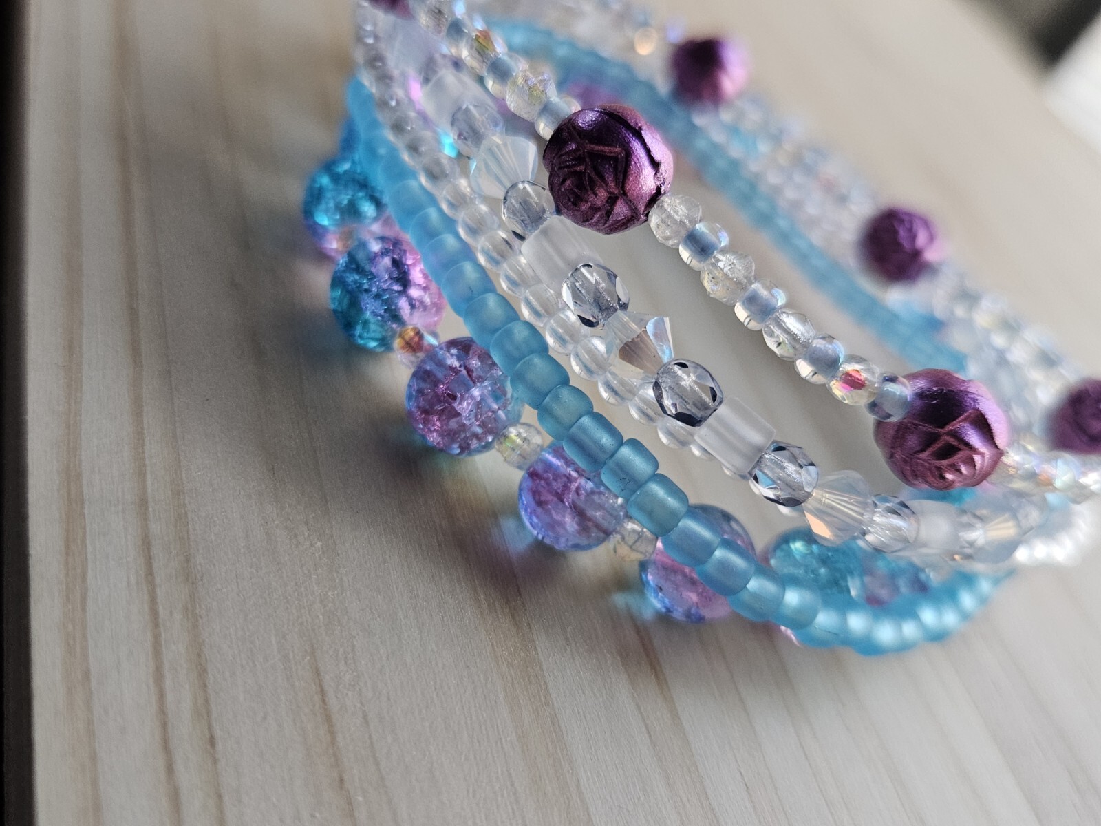 Blue Purple Clear Flower And Crackle Handmade Stretchy Bracelets Set Of 5