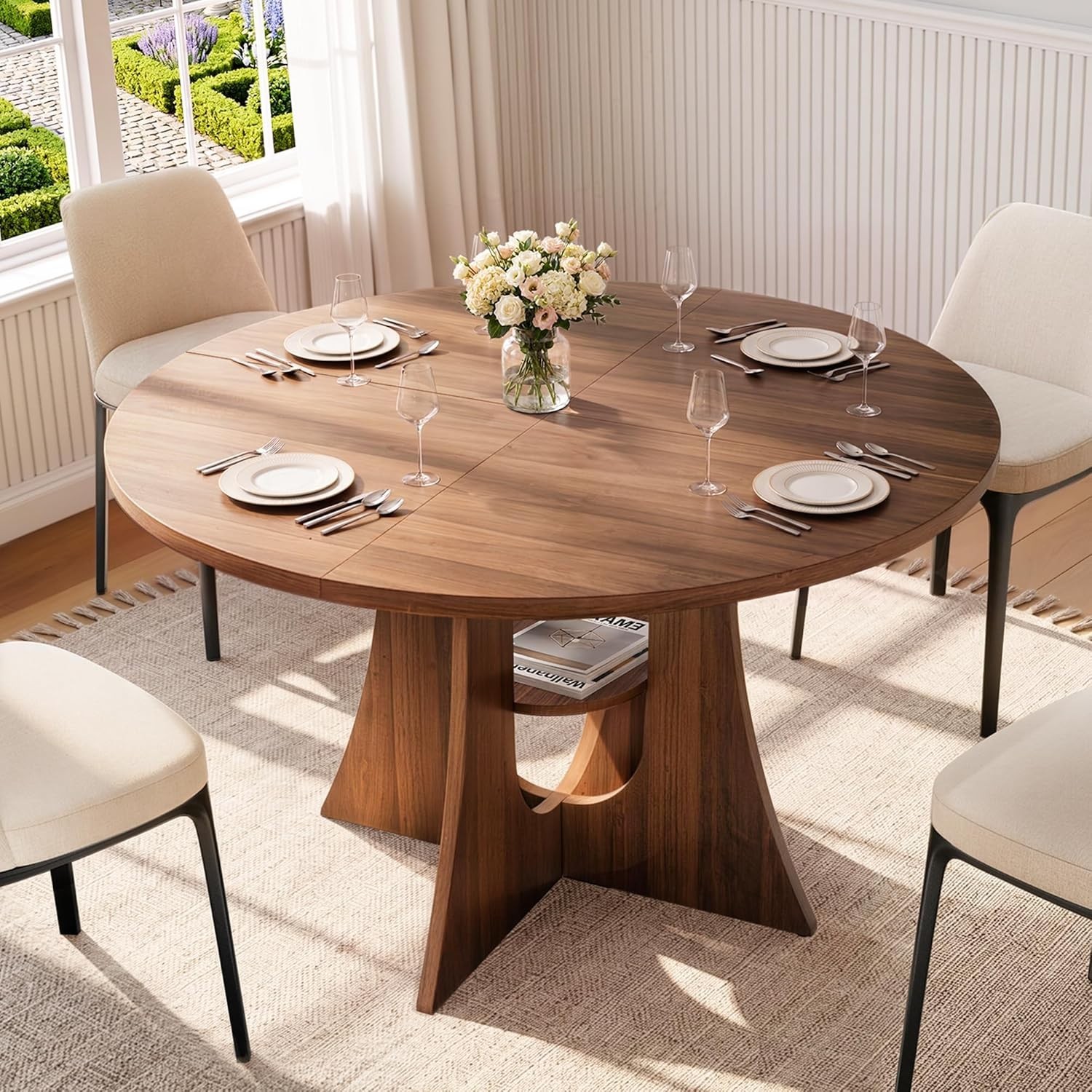 47" Round Dining Table for 4-6, Space-Saving Dining Room Table with Thick Tab...