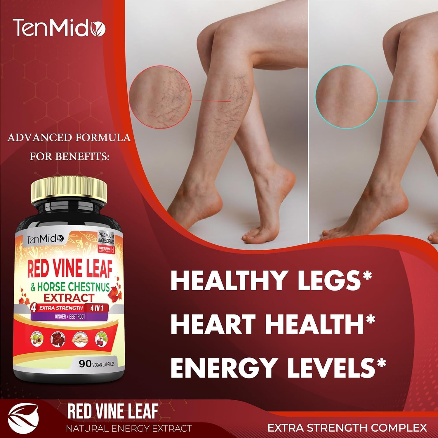 Red Vine Leaf Extract Capsules - with Horse Chestnut, Beet Root, Ginger -...