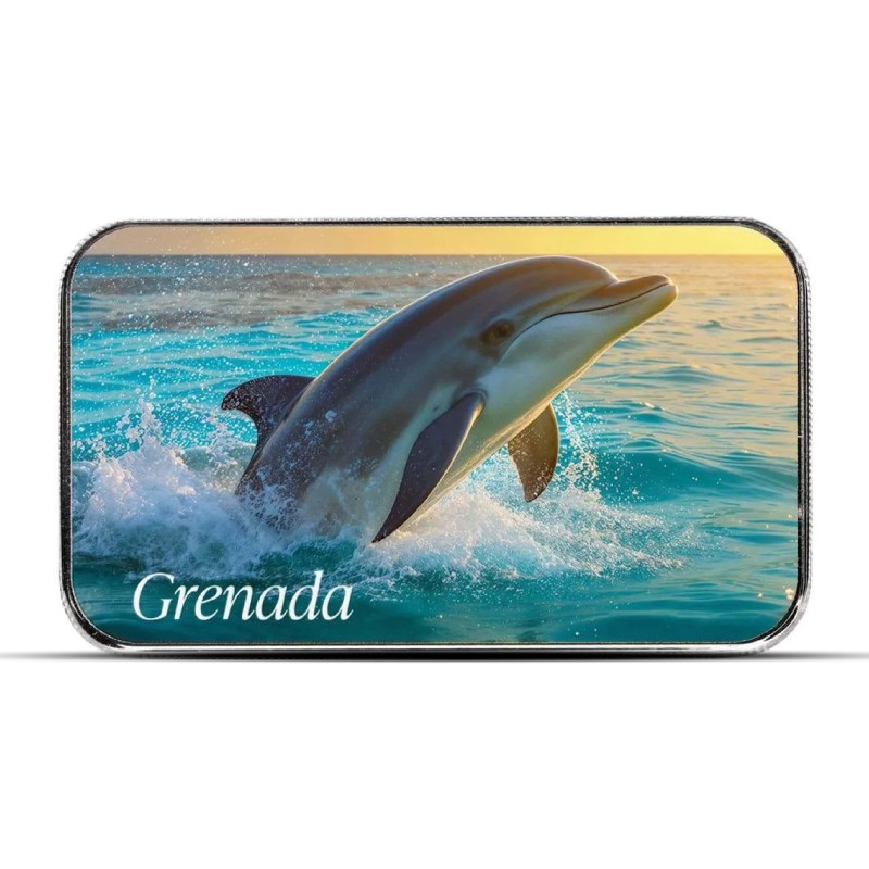 2025 1 oz EC8 Grenada Dolphin Silver Bar (BU, Colored)