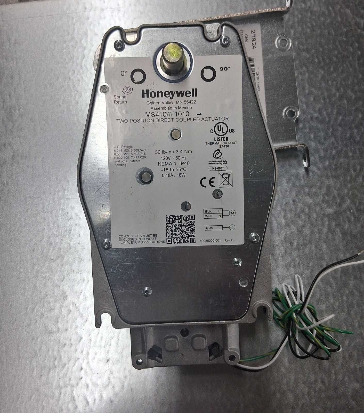 Honeywell Two Position Direct Coupled Actuator MS4104F1010 W/ Removable Bracket