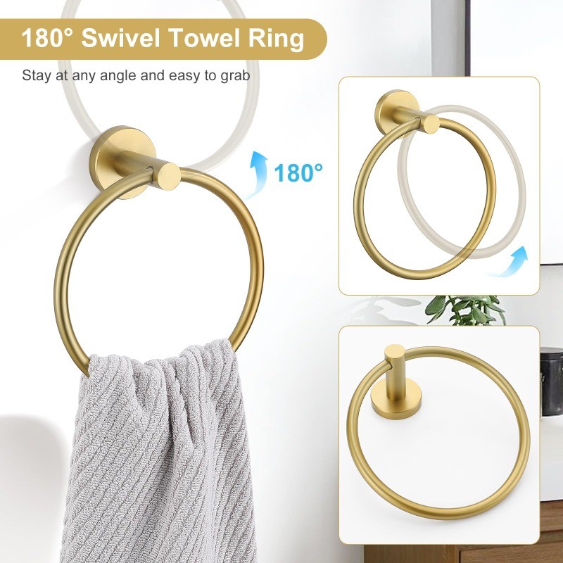 TQKAG Brushed Gold Towel Bar: 23.6" Stainless Steel, 6-Pc Wall Mount Set