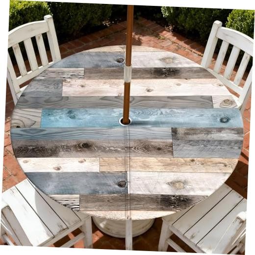 Outdoor Tablecloth with Umbrella Hole and Zipper, Round 44" (Round) Wooden