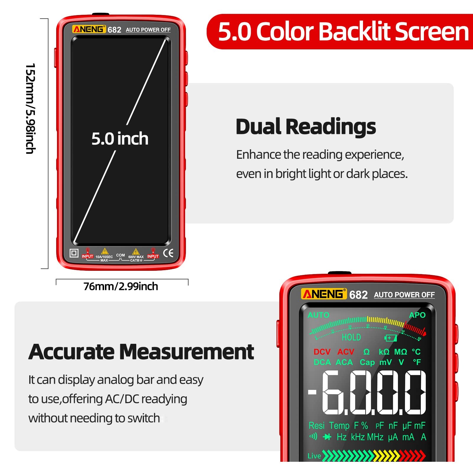 ANENG Multimeter Tester Color LCD TRMS Auto-Ranging 6000 Counts Voltmeter Sma...