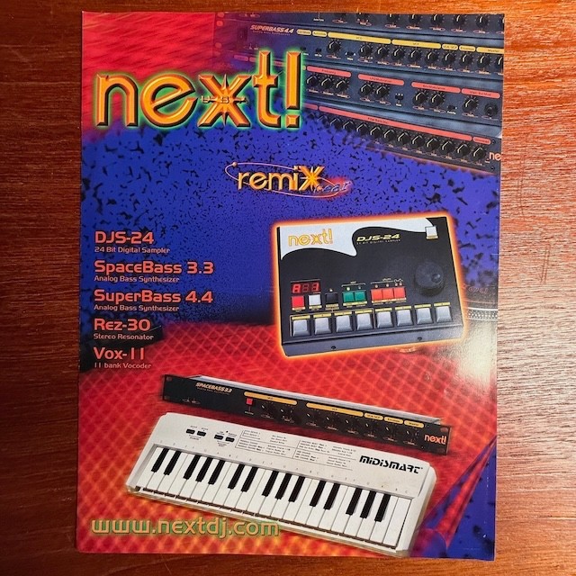 ORIGINAL NEXT! DJS-24, SPACEBASS 3.3, SUPERBASS 4.4, REZ-30, AND VOX-11 BROCHURE