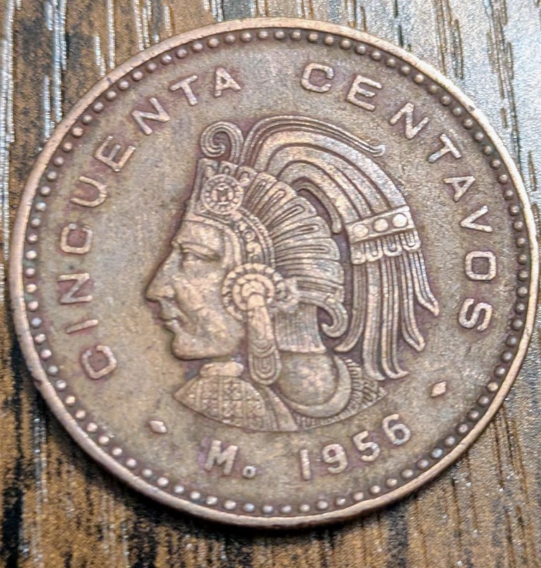 1956 Cincuenta Centavos Mexican Bronze Coin KM#450