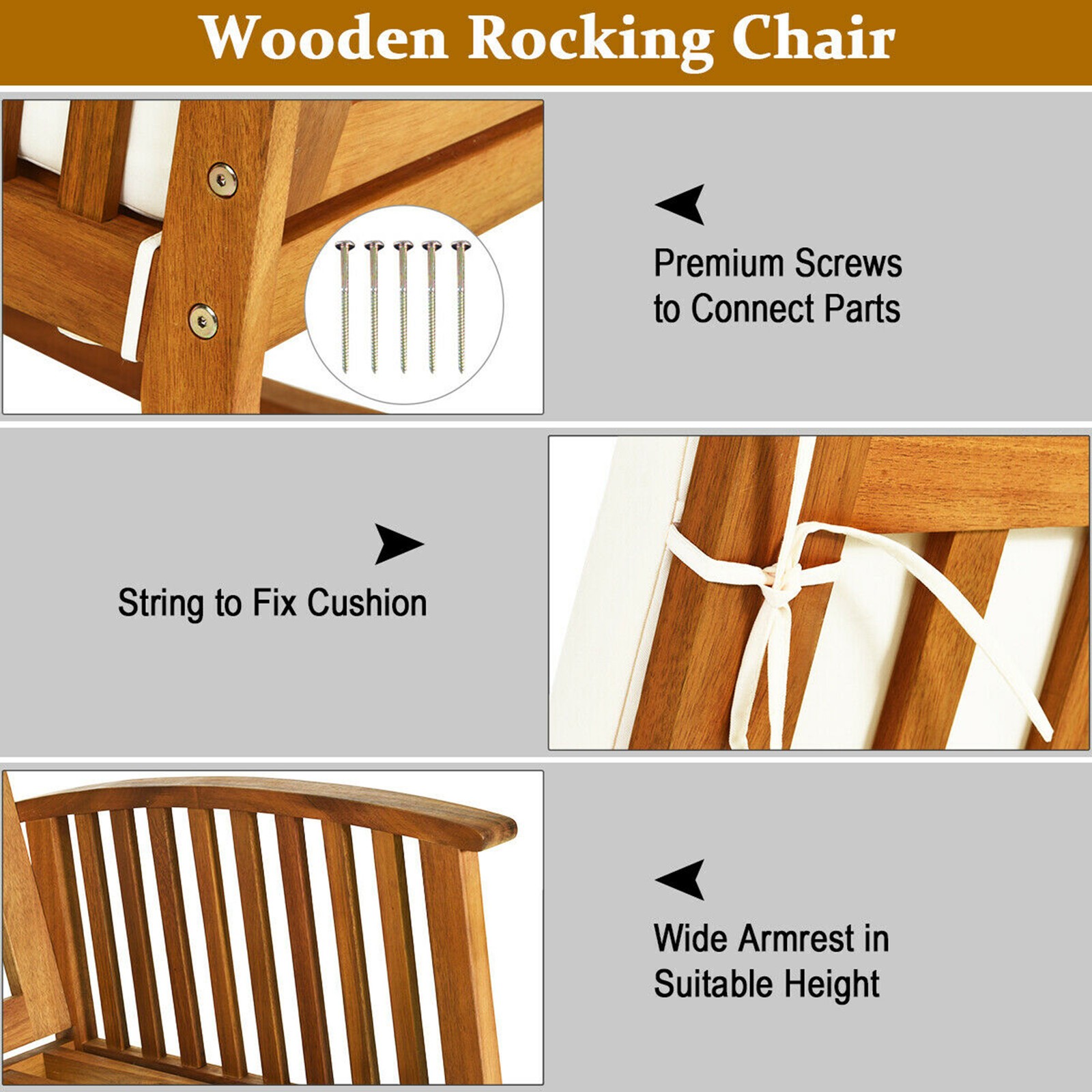 2PCS Patio Rocking Chair Set Round Table Solid Wood Cushioned Sofa Garden Deck
