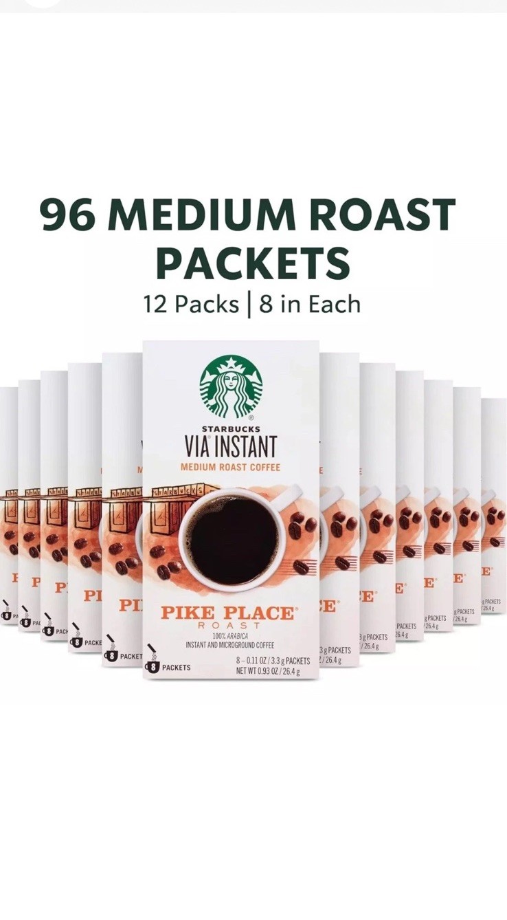 96 Starbucks via Instant Coffee Med Roast Packets — Pike Place Roast — 100% Arab