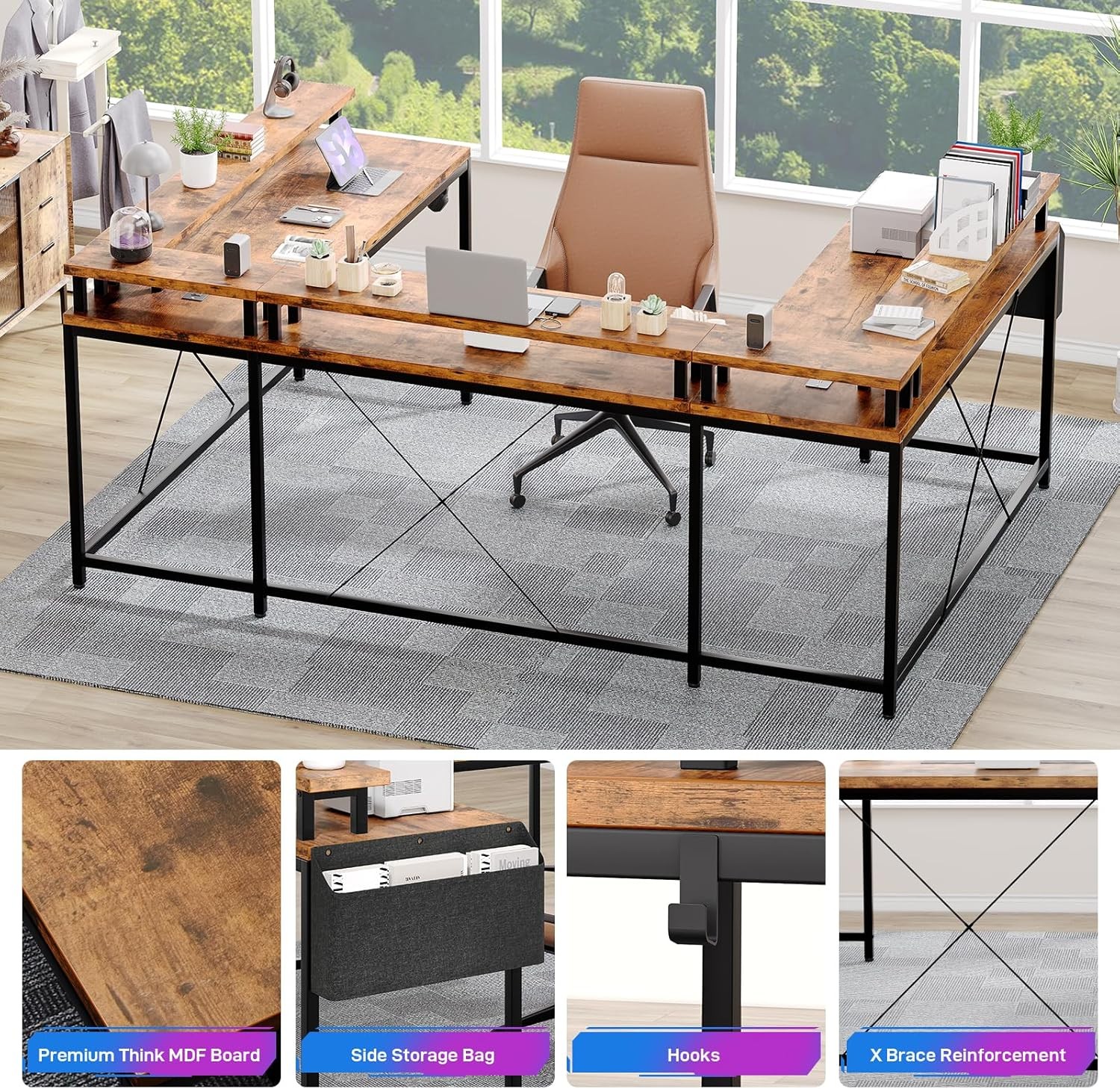 79" Reversible U Shaped Computer Gaming Desk L Shaped Office Desk Table