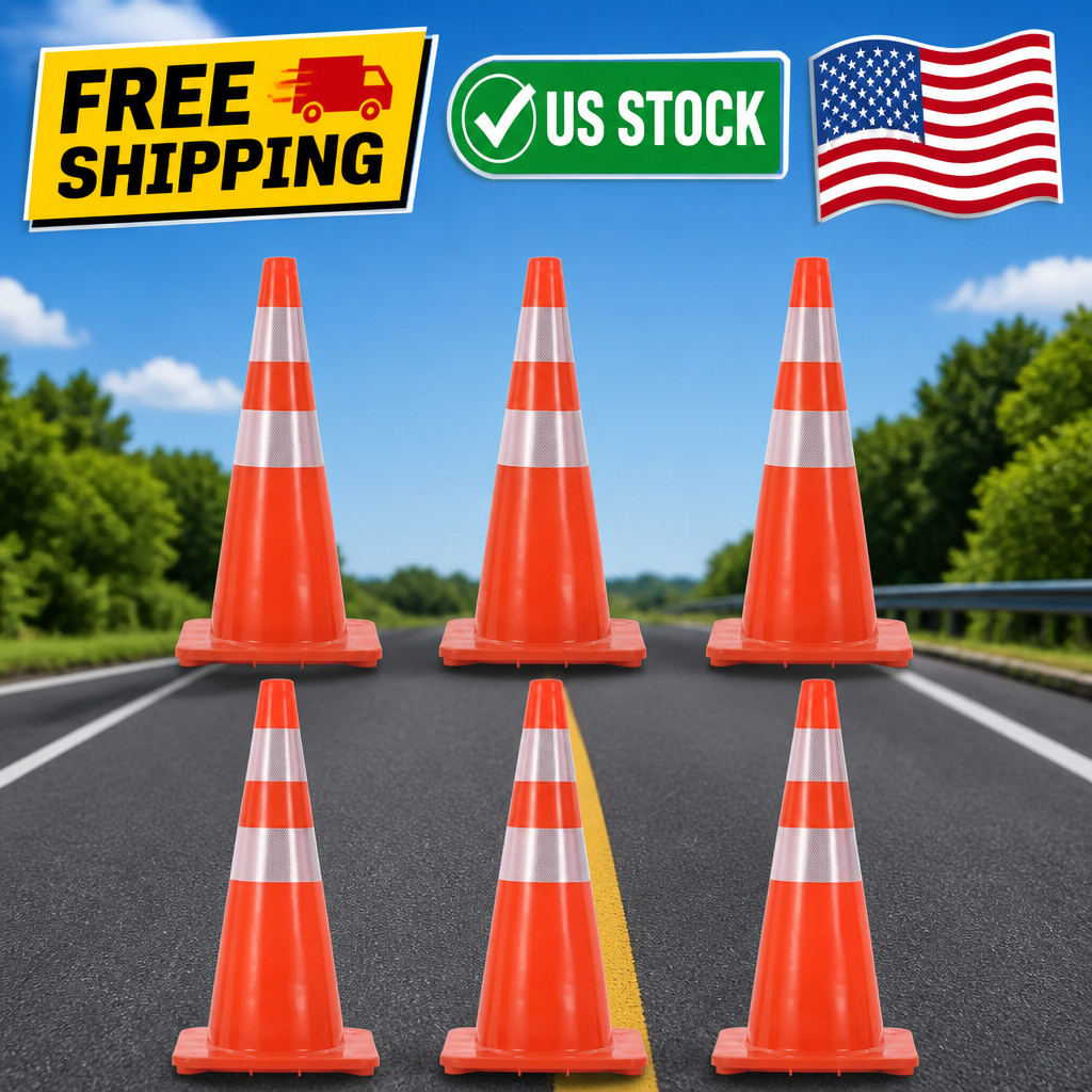 6 Pack Traffic Cone Set, 28 Inch High-Visibility Stackable Barriers with Reflect