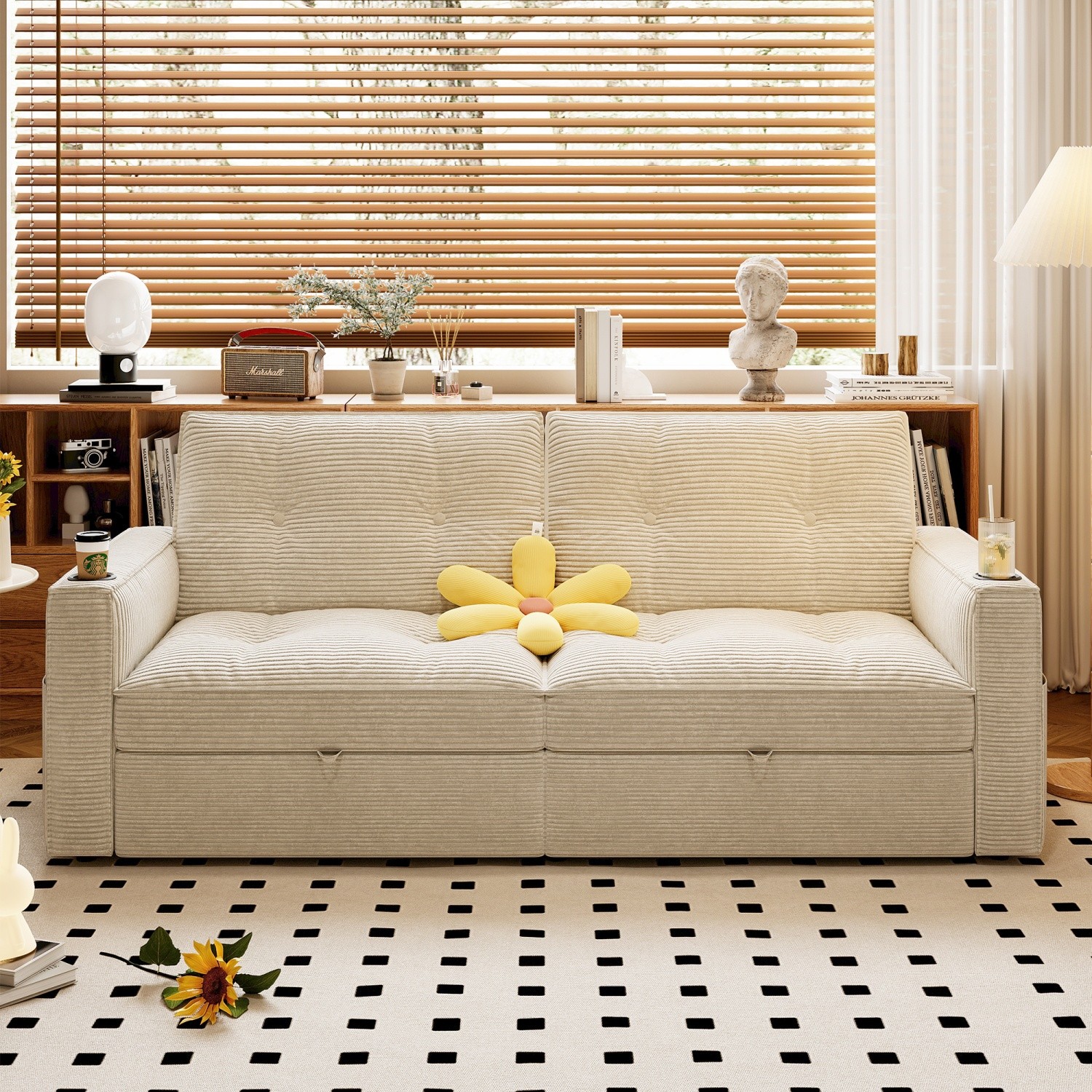 Modern Reclining Loveseat 2-in-1 Folding Sofa Bed w/ Cup Holders for Small Space
