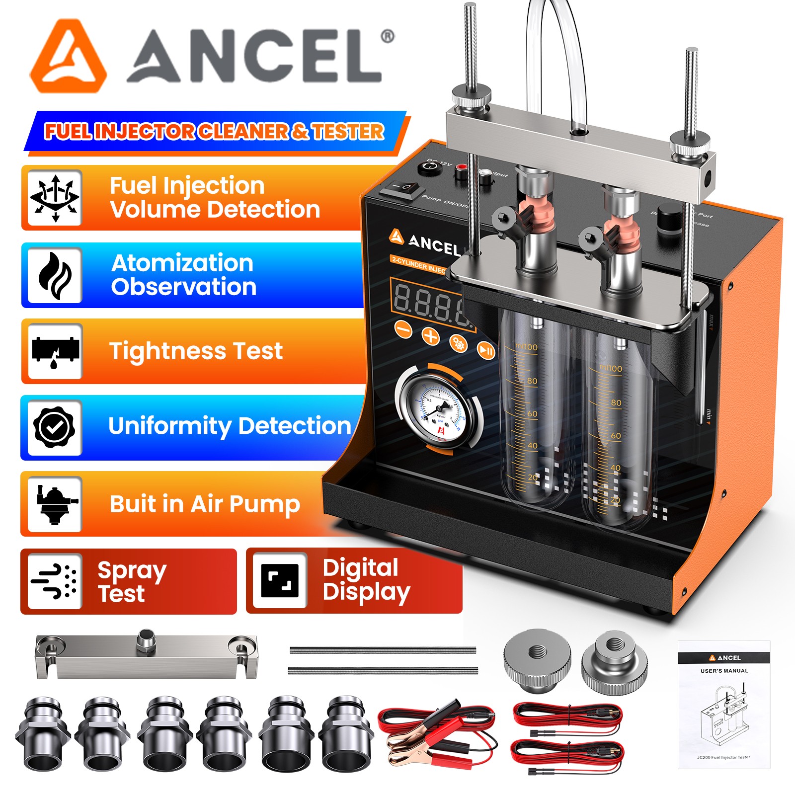 ANCEL JC200 2-Cylinder Fuel Injector Cleaner Tester Injector Cleaning Machine