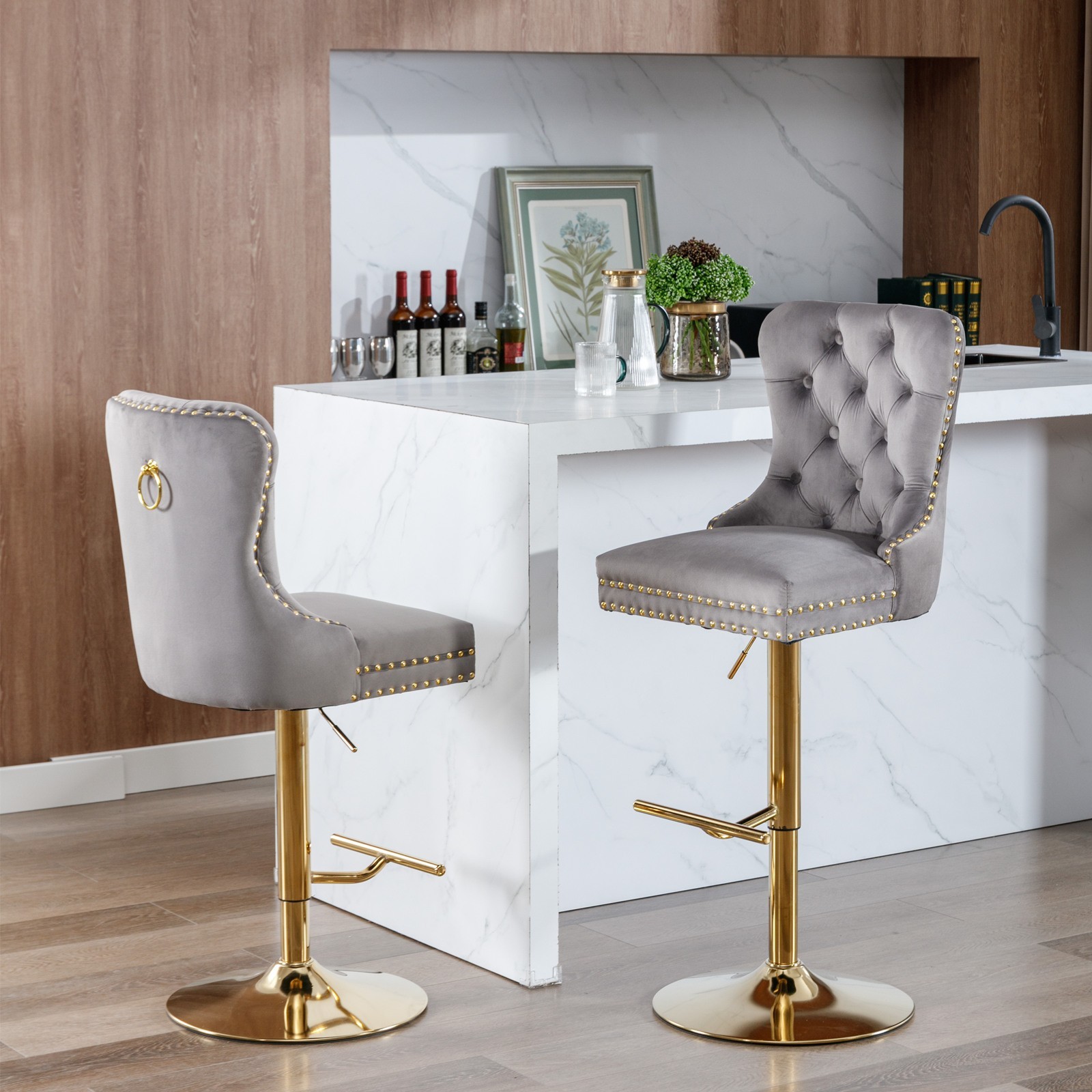 A&A Furniture Golden Swivel Velvet Barstools - Adjustable (27-35"), Tufted
