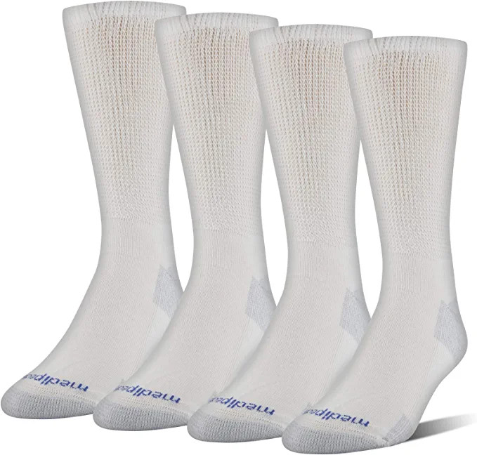 MediPeds Men's NanoGLIDE Crew Socks, 4-Pack, White/Grey, Shoe Size: 12-15