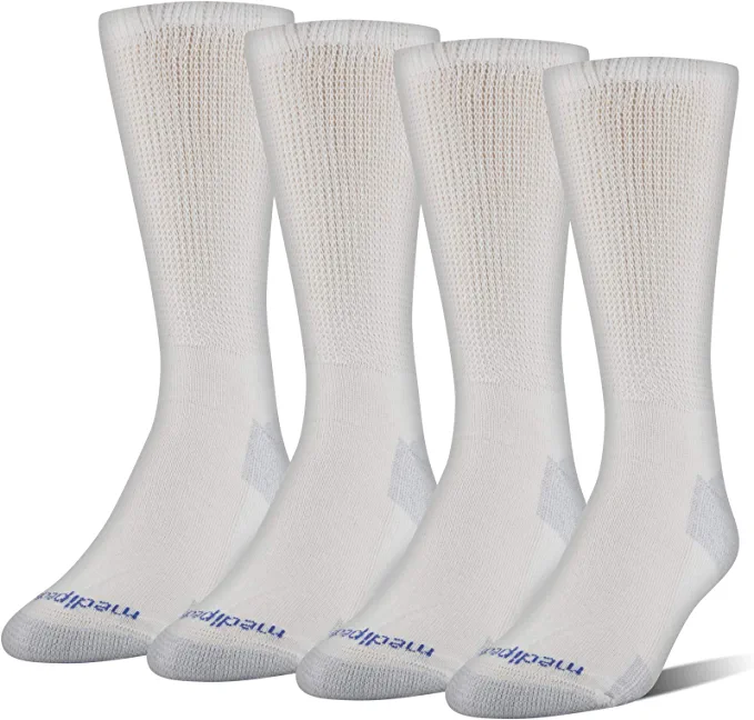 MediPeds Men's NanoGLIDE Crew Socks, 4-Pack, White/Grey, Shoe Size: 12-15