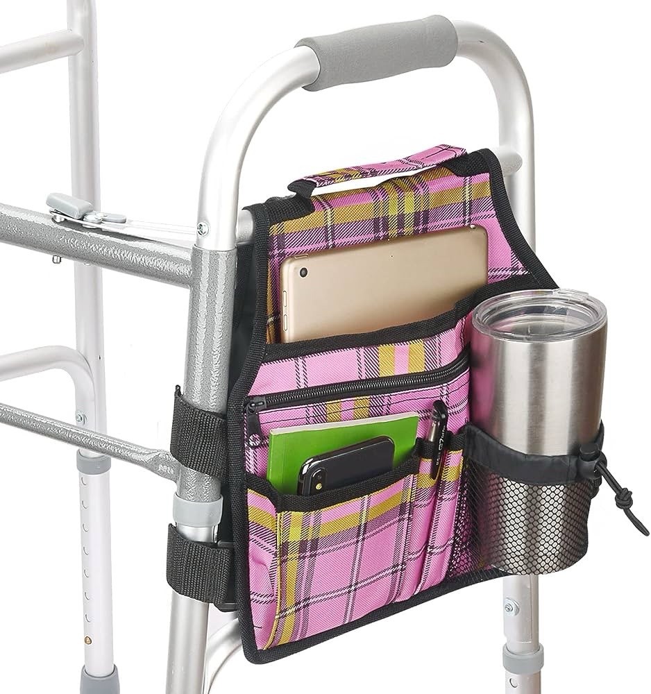 Walker Bag Hand Free Storage Attachment Handicap Basket Pouch Tote Pink Plaid