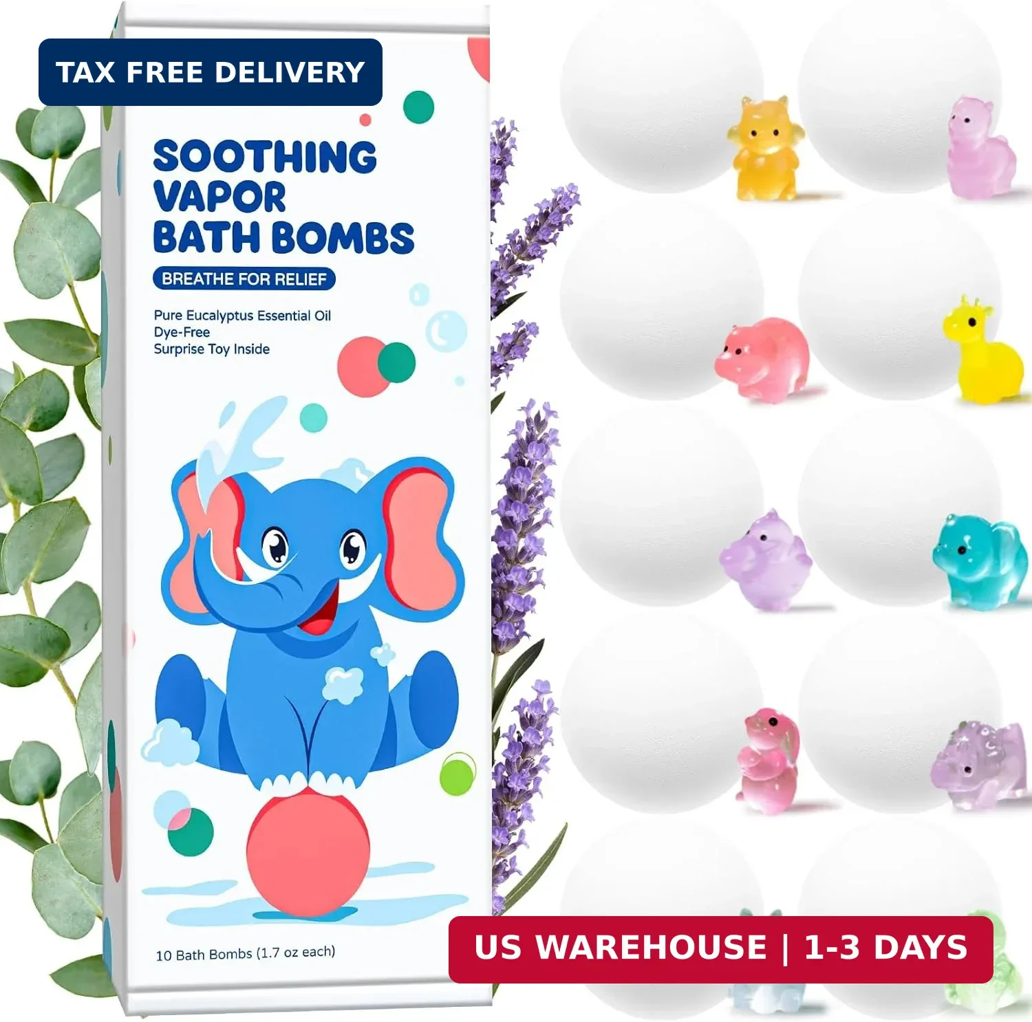 Soothing Vapor Bath Bombs for Kids with Surprise Toys Inside, Eucalyptus & Laven