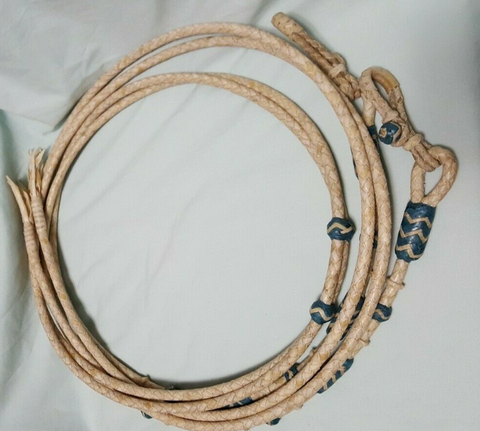 Split Reins w Connectors Natural Rawhide w/ Light Blue Details- 8 feet, 6 plaits