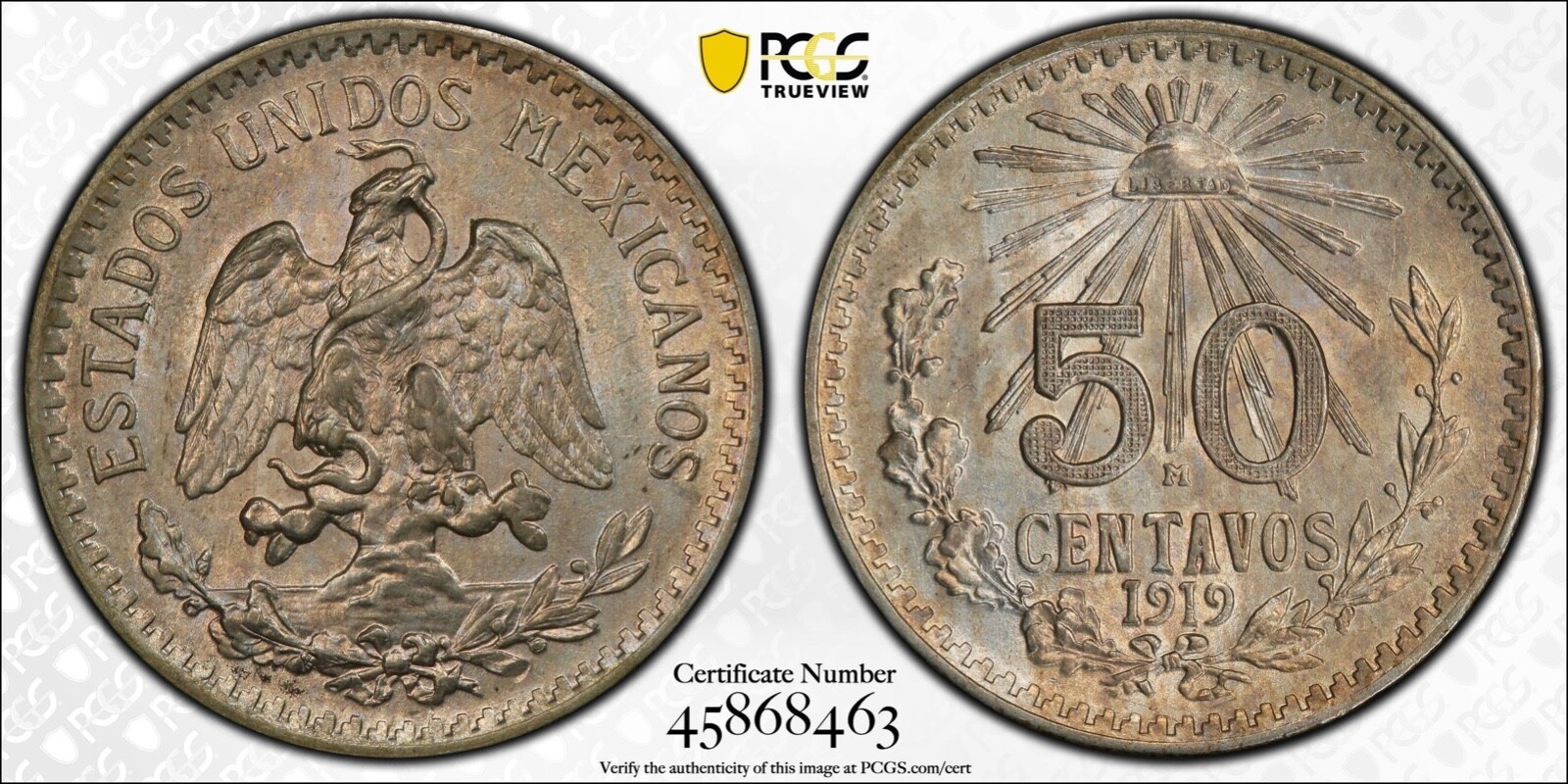 MEXICO ESTADOS UNIDOS 1919 50 CENTAVOS COIN CERTIFIED UNCIRCULATED PCGS MS-62