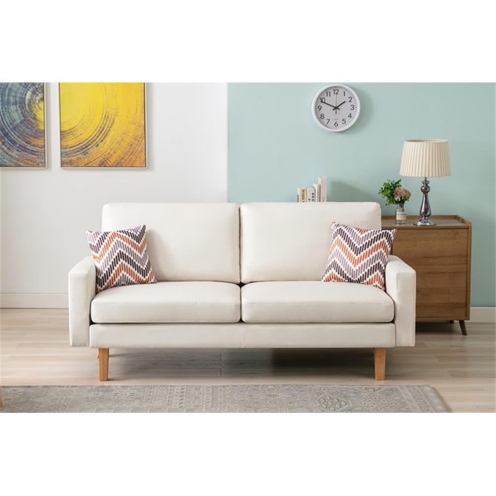 Bahamas Beige Linen Fabric Sofa with Square Arms and 2 Throw Pillows