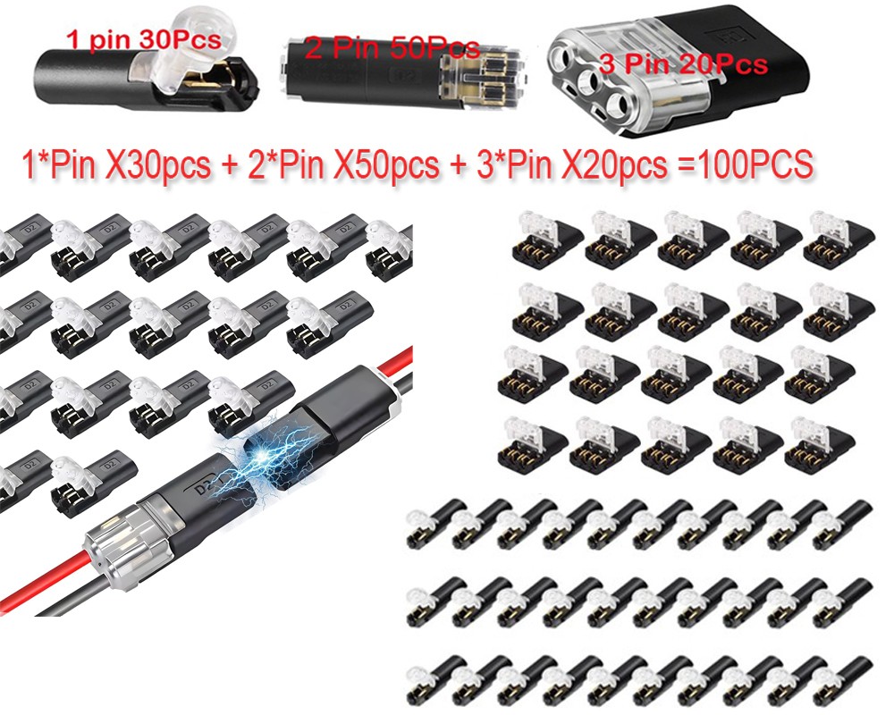 100Pcs 1/2/3 Pin Electrical Wire Connectors Kit Quick Splice Wire Connectors