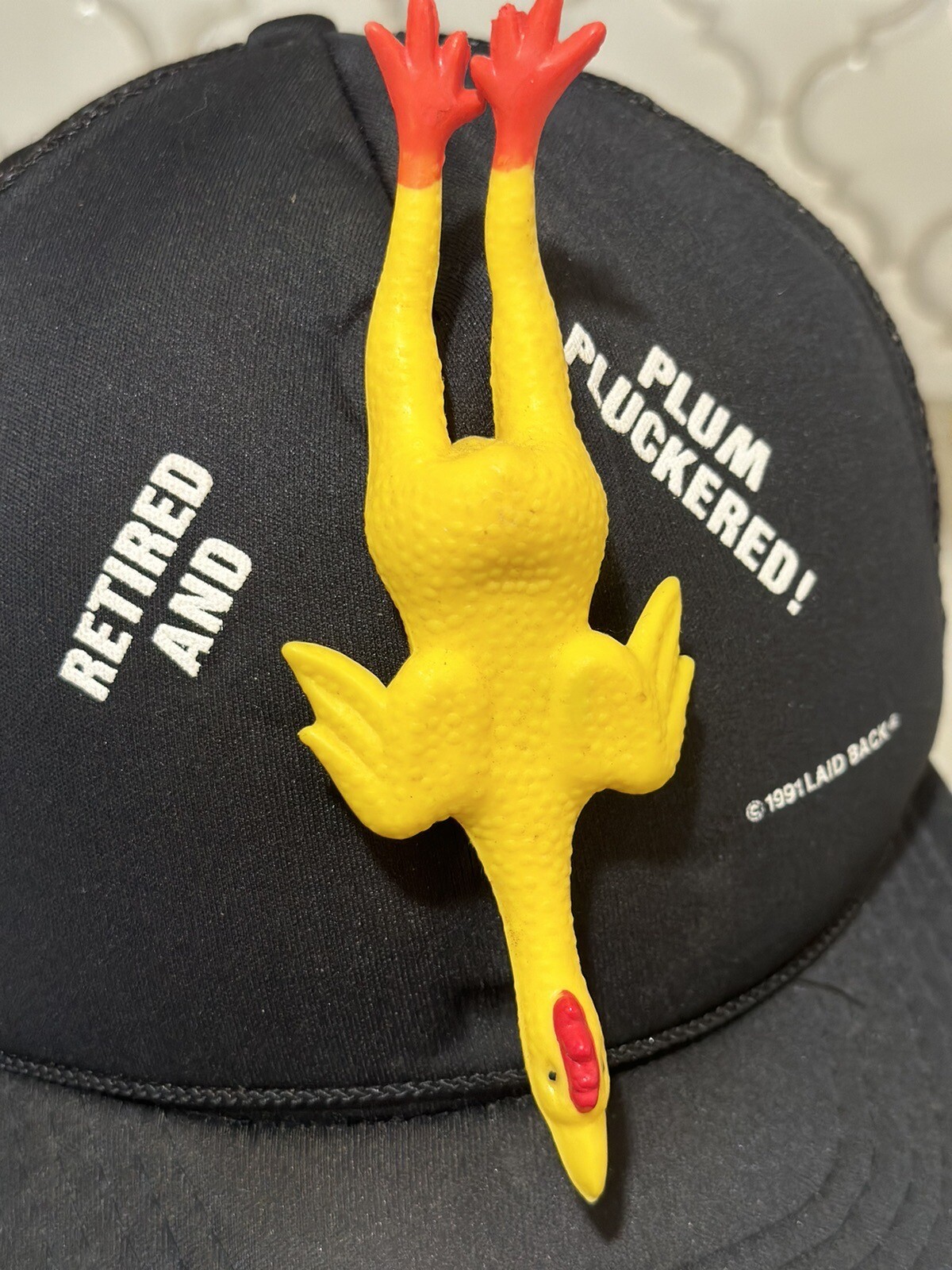VTG Hat Retired 90s Rubber Chicken Gag Joke Plum Pluckered Laid Back
