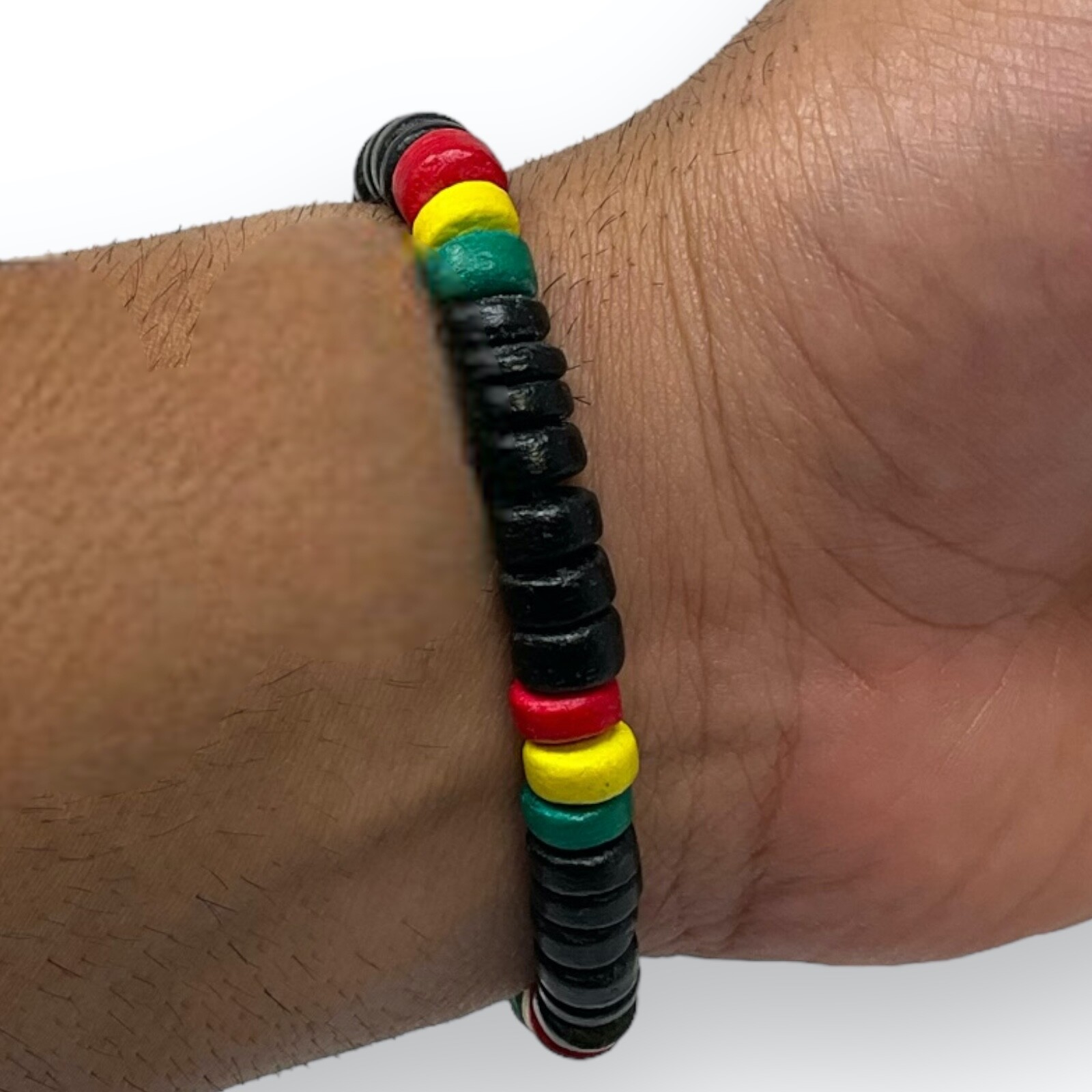 Rasta-Inspired Thick Coconut Shell Bracelet 7” – Handcrafted, Eco-Friendly Black