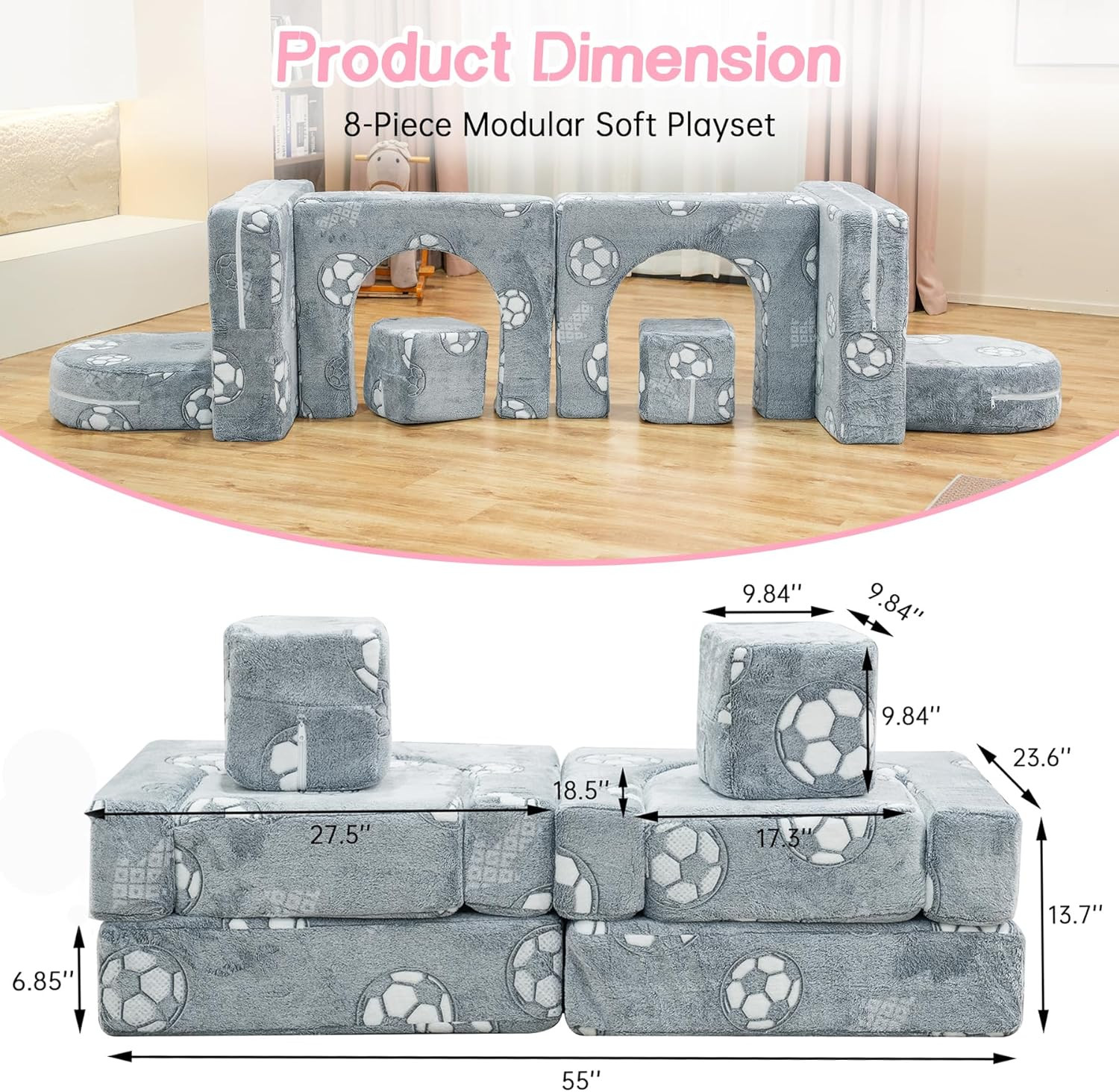 Glow-in-the-Dark Modular Kids Play Couch - Instant Expansion, Grey