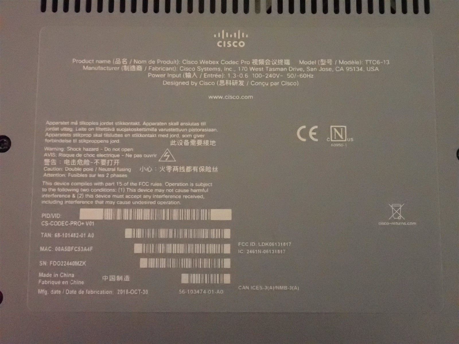 Cisco CS-CODEC-PRO+ V01 TTC6-13 Webex Codec Pro Video Conferencing (H4)