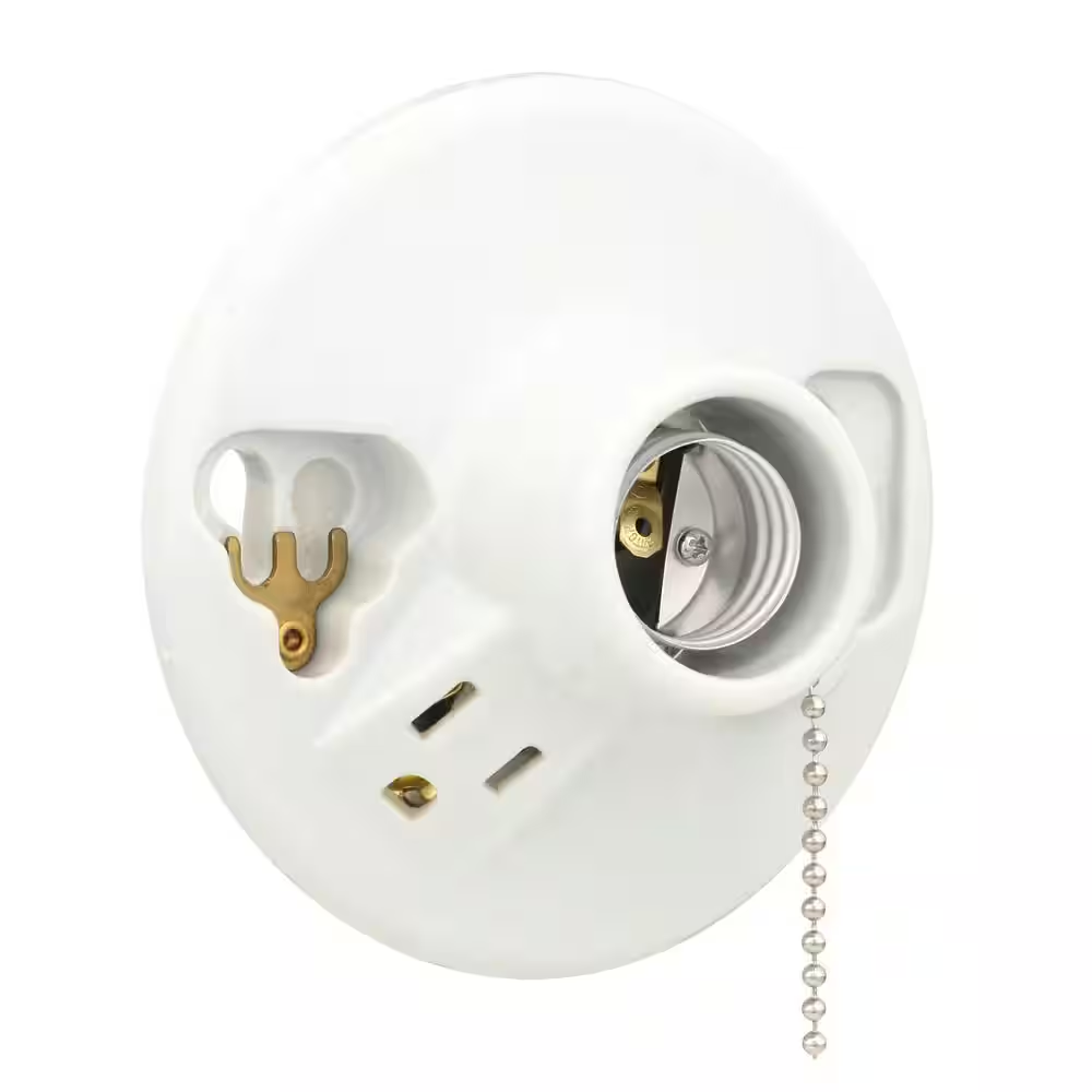 Glazed Porcelain Lamp Holder with Pull Chain and Outlet - Convenient Lighting