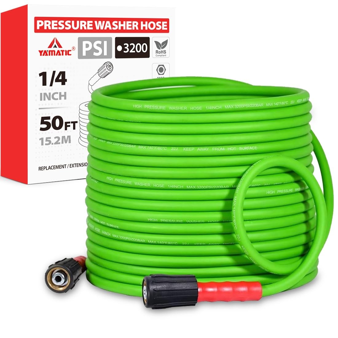 YAMATIC Pressure Washer Hose 50FT - 1/4 3200PSI - Super Flexible, 50FT, Green