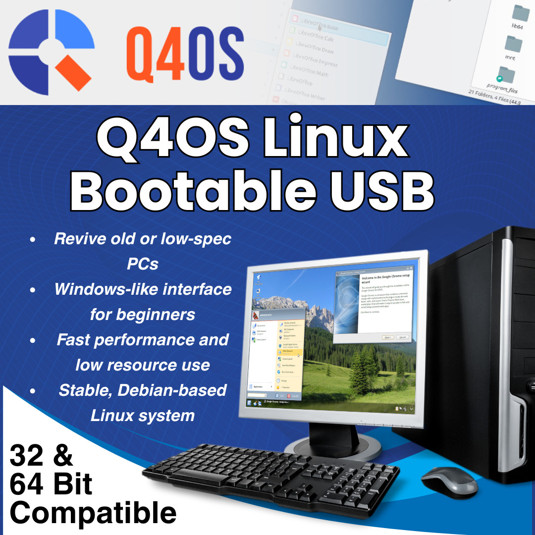 Linux Q4OS Aquarius Trinity 5.8 64Bit/32Bit USB or DVD Speed Up & Revive Old PC
