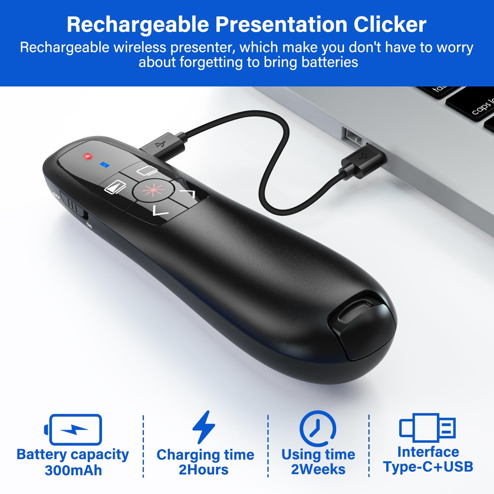 USB C Presentation Clicker Wireless Presenter Remote Rechargeable RF 2.4GHz